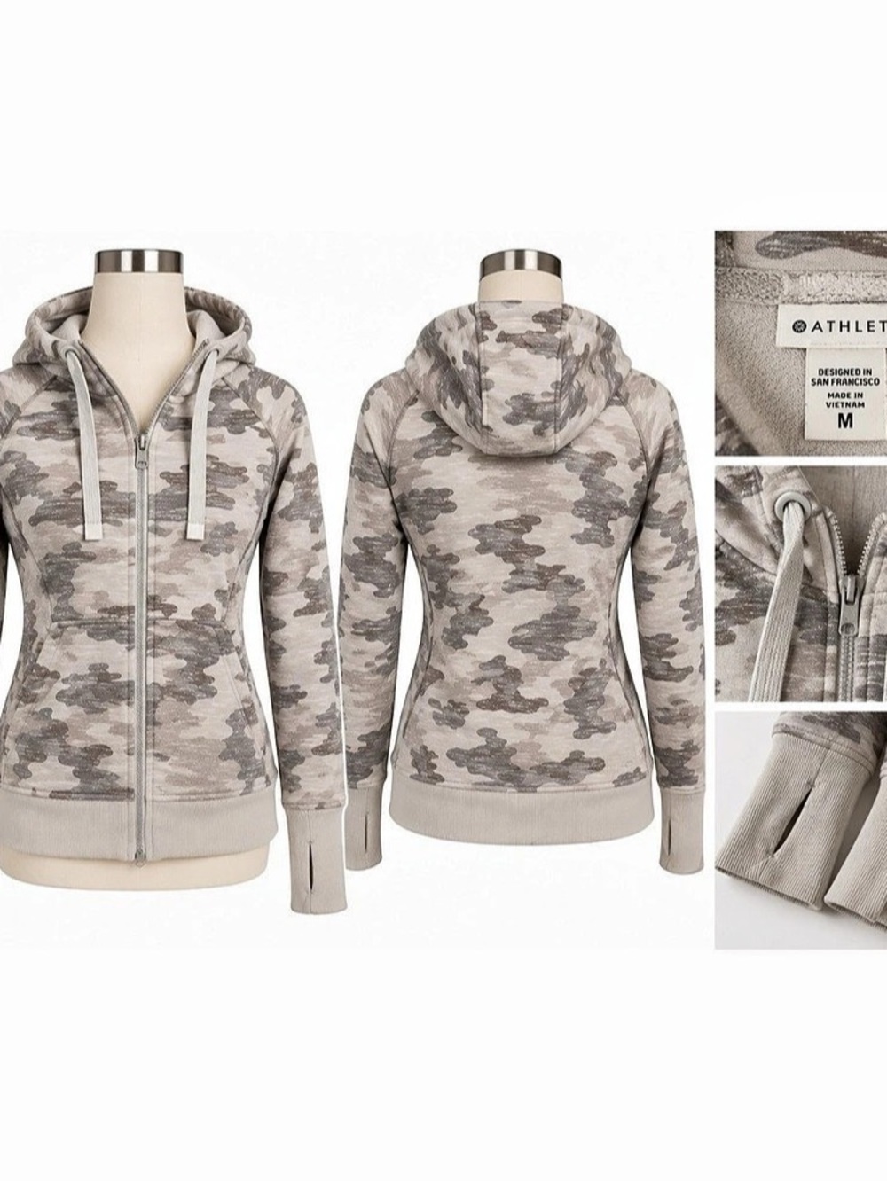 Athleta Triumph Camo Full Zip Hoodie Women’s M Gray Taupe Thumbholes